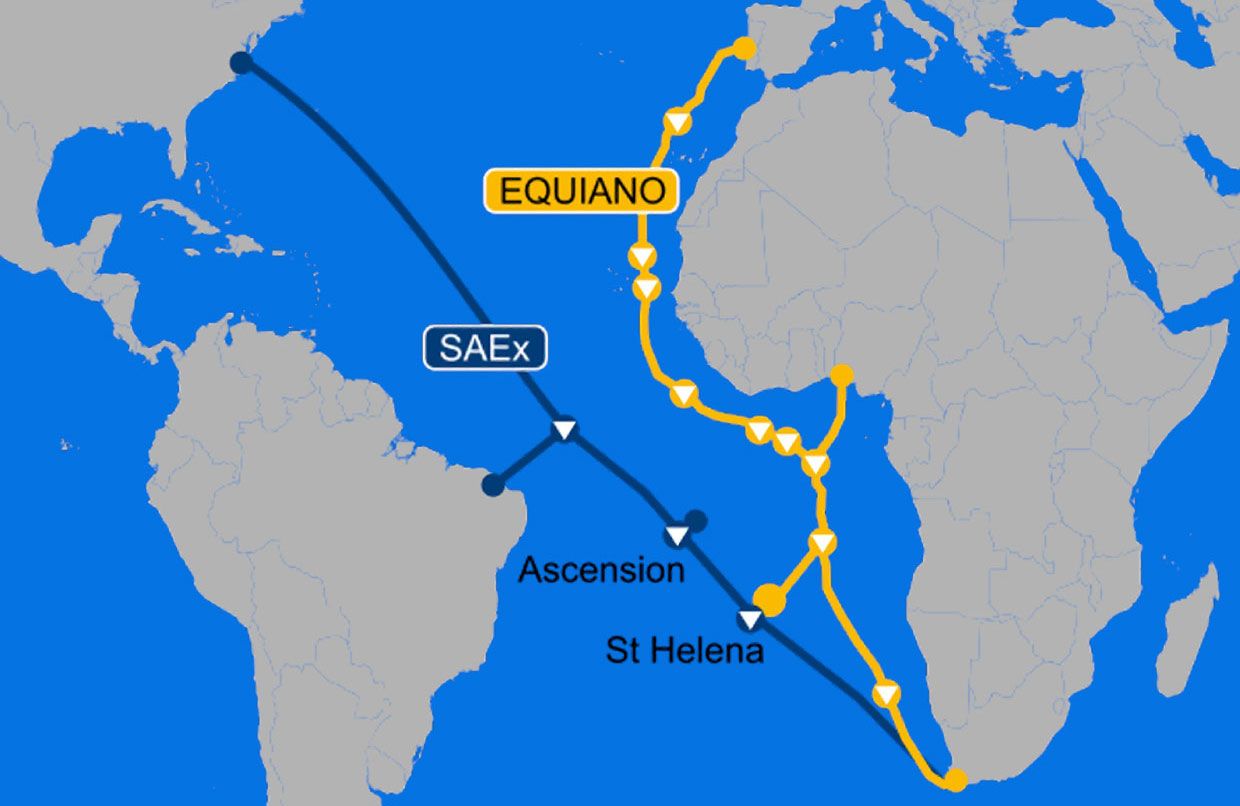 Map showing the planned Equiano cable route, including Saint Helena Map showing the planned Equiano cable route, including Saint Helena